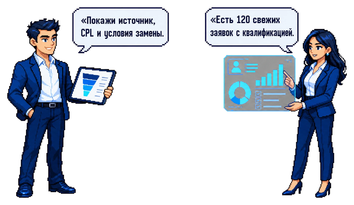 Покупатель уточняет источник и критерии, поставщик показывает паспорт потока заявок